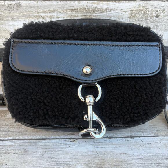 NEW Rebecca Minkoff Blythe Black Leather Shearling Belt Bag Fanny Pack Dog Clip - Picture 2 of 16